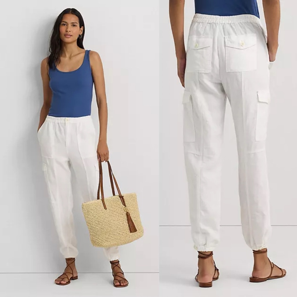 NWT Lauren Ralph Lauren 100% Linen Cargo Ankle White Pants Sz 14